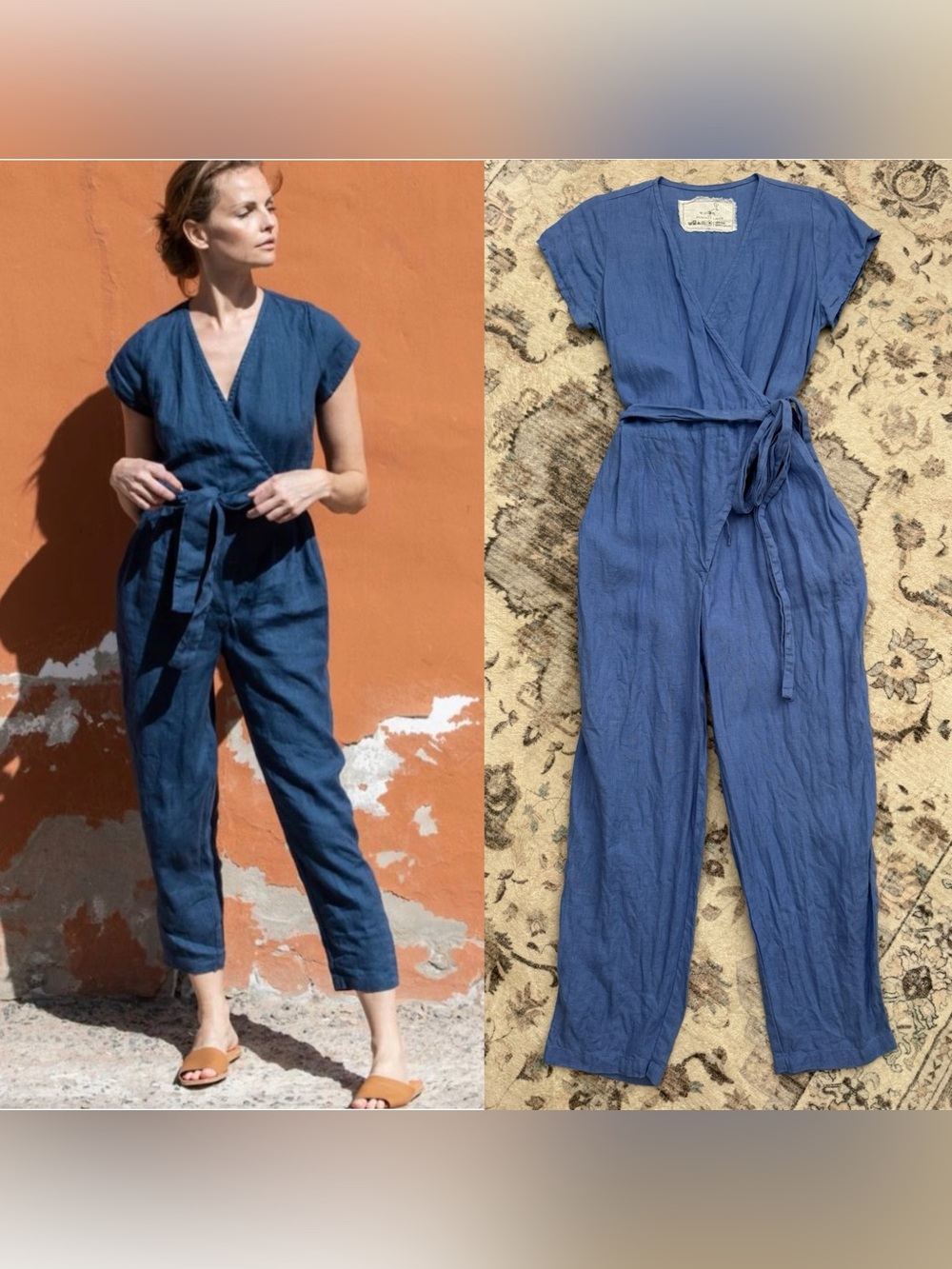 notPERFECTLINEN Cornflower Blue 100% Linen Jumpsuit Wrap Tie Washed Pockets Med